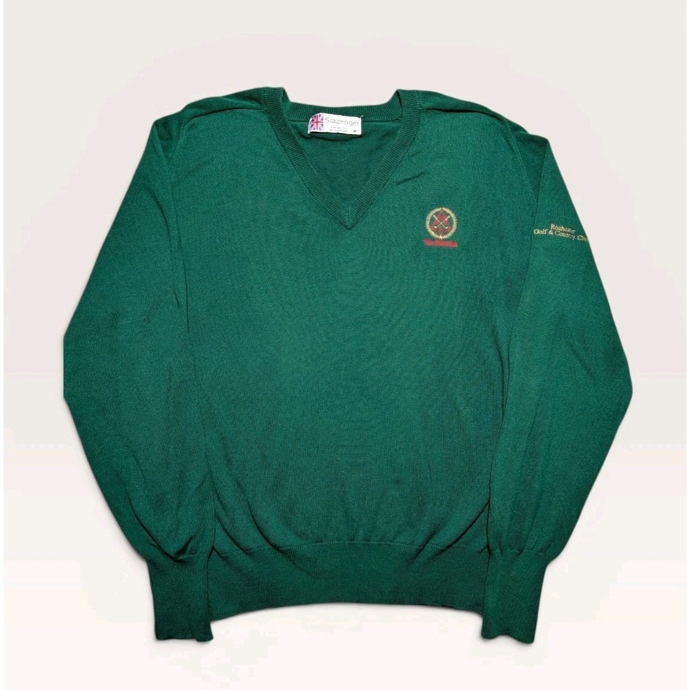 VTG Slazenger V Neck Golf Sweater Green Cotton Rochester Country Club Medium